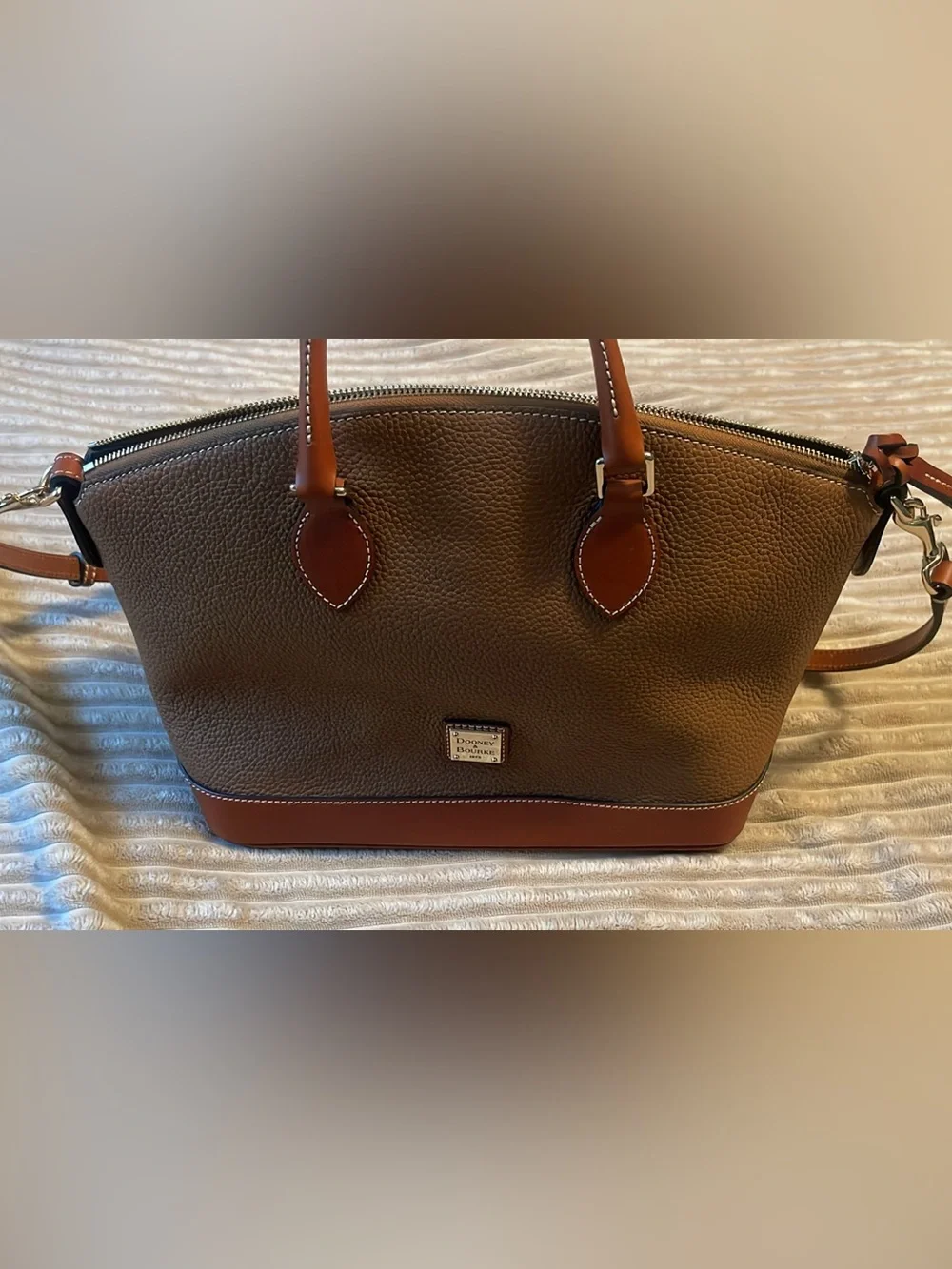 Dooney & Bourke Pebble Leather Tote in Brown and Chestnut Trim